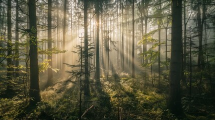 Obraz premium mysterious and enchanting scene of a dense forest at dawn