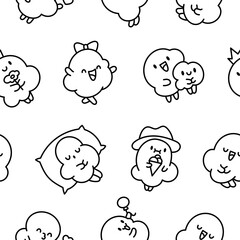 Cute popcorn character in different poses. Seamless pattern. Coloring Page. Funny cartoon food. Hand drawn style. Vector drawing. Design ornaments.