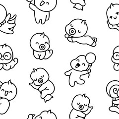 Cute baby boy. Seamless pattern. Coloring Page. Cartoon little newborn character. Hand drawn style. Vector drawing. Design ornaments.