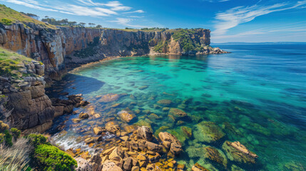 Scenic coastline with cliffs and clear blue water under a bright sky