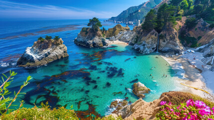 Scenic coastline with cliffs and clear blue water under a bright sky