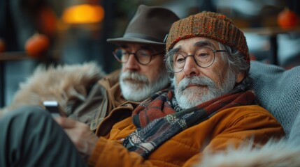 Old gay couple spending happy moment resting and laughing together.