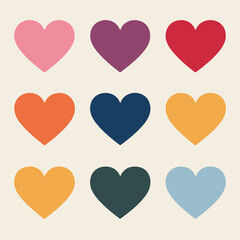 A grid of nine heart-shaped icons, each with a distinct color. They are arranged in a 3x3 matrix, with the colors being pink, purple, red, orange, yellow, light blue, dark blue, green, and teal. 