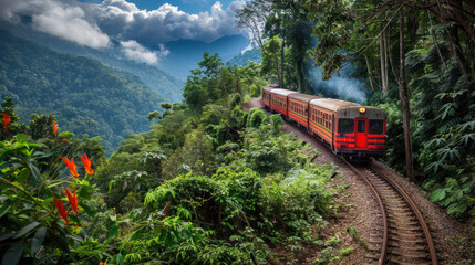 Obraz premium Scenic railway passing through lush summer landscapes
