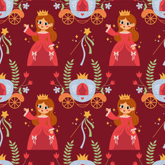 Childish Seamless Pattern with Princess, Carriage, Magic Wand in Scandinavian Style. Vector Childish Background for Fabric, Textile.