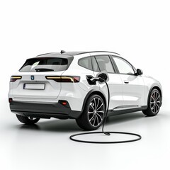 Fototapeta premium Eco-Friendly Electric Car Charging at Public Station on White Background with Copy Space, Sustainable Automotive Technology Concept