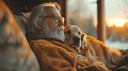 Old man resting with dog, enjoying serene moments of companionship and contentment in quiet comfort at home.
