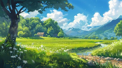 Obraz premium anime style countryside scenery