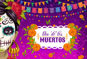 Mexican Day of the Dead holiday with marigold flowers, Catrina calavera and pennants, vector banner. Dia De Los Muertos papel picado garland flags and floral ornament for Mexican holiday fiesta