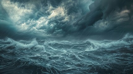 A stormy sky with dark clouds and rain over a rough, choppy sea