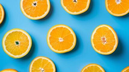 Sliced oranges on a vibrant blue background