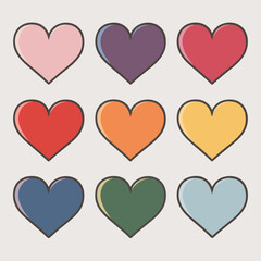 A grid of nine heart-shaped icons, each with a distinct color. They are arranged in a 3x3 matrix, with the colors being pink, purple, red, orange, yellow, light blue, dark blue, green, and teal. 