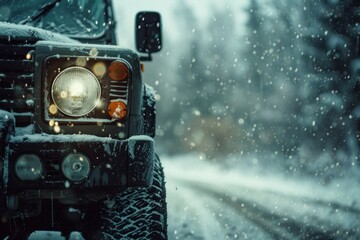 Vehicle driving on snow covered road in winter travel scene through snowy landscape