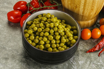 Sweet canned young green peas