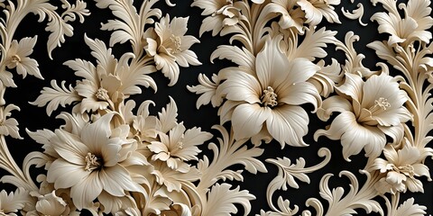 Fototapeta premium wallpaper representing a white floral art pattern with embossed flowers and leaves. All on a black background.