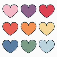 A grid of nine heart-shaped icons, each with a distinct color. They are arranged in a 3x3 matrix, with the colors being pink, purple, red, orange, yellow, light blue, dark blue, green, and teal. 