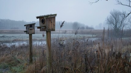 Birdhouses by Misty Lakeside at Dawn in the early morning