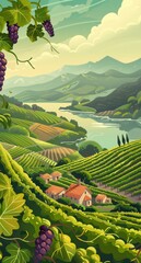 Fototapeta premium Illustration of a vinery with light green mountains, river and wineyards. Flat design poster. European summer village.