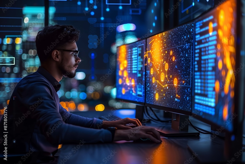 Poster man working at night on computer with data visualization displays