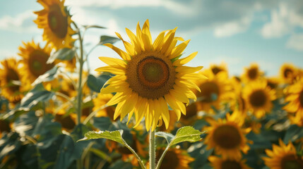 Sunflowers in full bloom in a wide open field