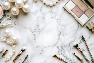 Arrière-plan en marbre avec produits de beauté et perles vu de dessus
