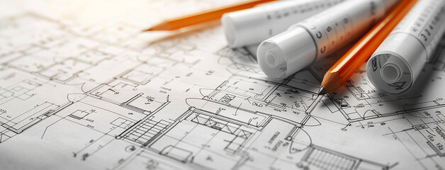 a wide angled horizontal flat lay closeup photo of an architectural blueprint drawings and drawing roles on a table