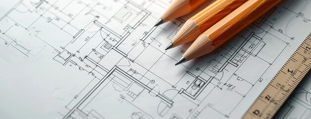 detailed closeup wide horizontal photo of yellow color drawing pencils on a architectural layout plan blueprint drawing on a table 