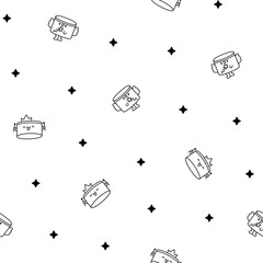 Cartoon kawaii drum character with sticks. Seamless pattern. Coloring Page. Funny musical personage with drumsticks. Hand drawn style. Vector drawing. Design ornaments.