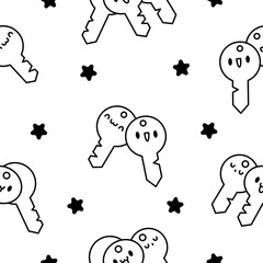 Cute kawaii key. Seamless pattern. Coloring Page. Funny cartoon character. Hand drawn style. Vector drawing. Design ornaments.