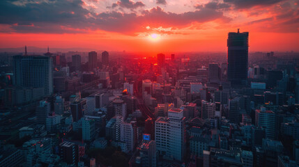 Fototapeta premium Sunset view from a rooftop terrace in a bustling Japanese city