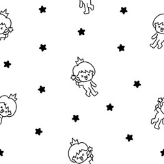 Cute kawaii little boy. Seamless pattern. Coloring Page. Happy kid cartoon character. Hand drawn style. Vector drawing. Design ornaments.