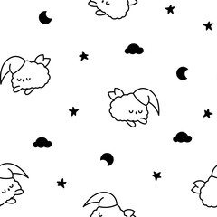 Cute happy kawaii tempura shrimp. Seamless pattern. Coloring Page. Funny cartoon food character. Hand drawn style. Vector drawing. Design ornaments.