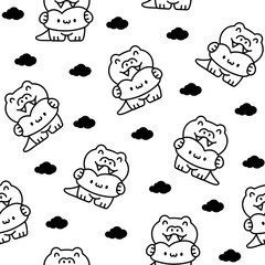 Funny crocodile character with happy face. Seamless pattern. Coloring Page. Cartoon kawaii alligator. Hand drawn style. Vector drawing. Design ornaments.