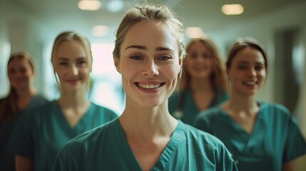 Fototapeta premium Smiling Healthcare Workers in Hospital Corridor