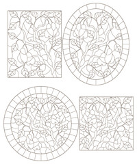 Obraz premium A set of contour illustrations of stained glass Windows with pear leaves and fruit branches