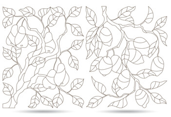 Fototapeta premium A set contour illustrations of stained glass, the branch of a lemon tree and a pear tree with ripe fruits