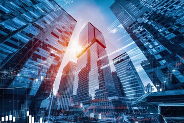 City skyscrapers with digital financial graphs overlay