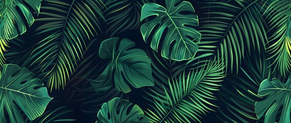 Fototapeta premium Hand drawn line art seamless pattern of green palm leaves on dark background, vector illustration, simple lines, green color palette