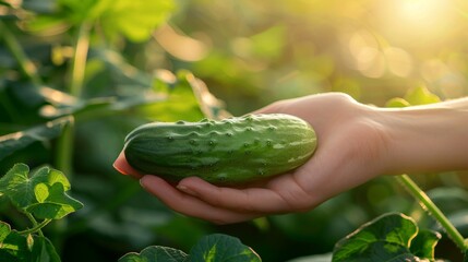 Hand Holding Fresh Cucumber in Sunlit Garden