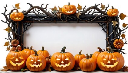 wooden frame with vine thorn roots and scary halloween pumpkins. isolated on white background.