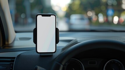 Modern mobile phone car holder mockup on car windshield