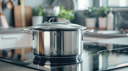 Modern kitchen setup with stainless steel pot on ceramic hob