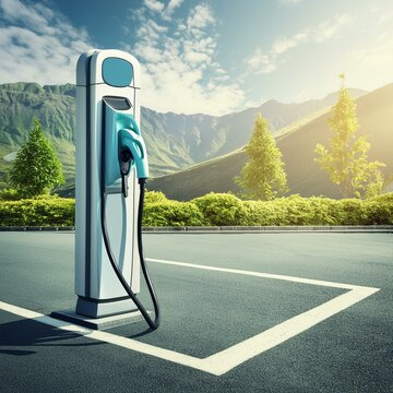 borne de recharge pour voiture &eacute;lectrique sur une route de campagne &agrave; la montagne en ia