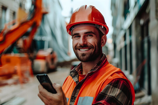 Ing&eacute;nieur souriant tenant son t&eacute;l&eacute;phone et portant un casque sur un chantier de construction