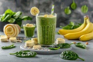 Close up view of a refreshing smoothie with ripe banana and fresh spinach in a tall glass