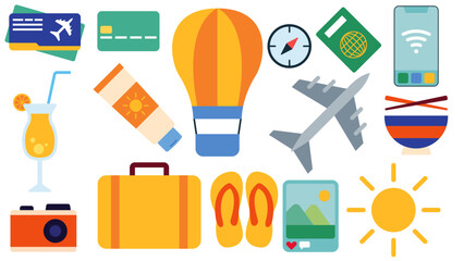 Summer Holiday Elements - Plane Airplane Ticket Credit Debit Card Passport Cocktail Drink Alcohol Sunscreen Air Balloon Sun Sandals Slippers Camera Photo Phone Smartphone Bowl Suitcase Briefcase
