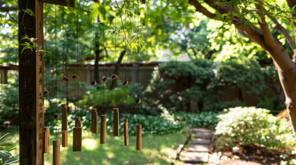 Traditional Japanese wind chimes hanging in a garden