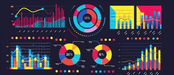 Big data analysis, colorful charts and graphs, flat design illustration