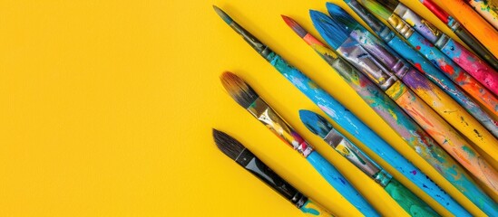 Obraz premium Artistic tools like watercolors and paintbrush placed on a vibrant yellow backdrop, ideal for expressing creativity in a web banner with copy space image.