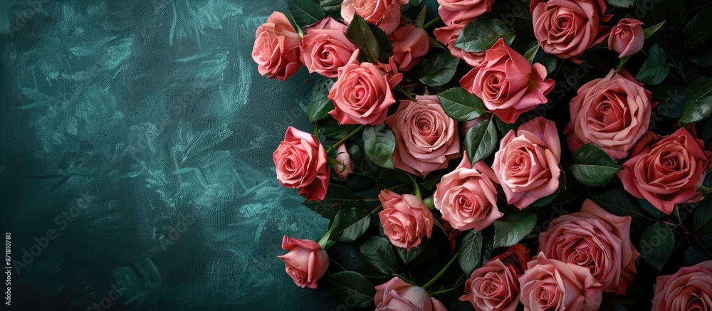 Canvas Prints Top view of a stunning arrangement of pink roses against a dark backdrop with plenty of space for additional content in the image.